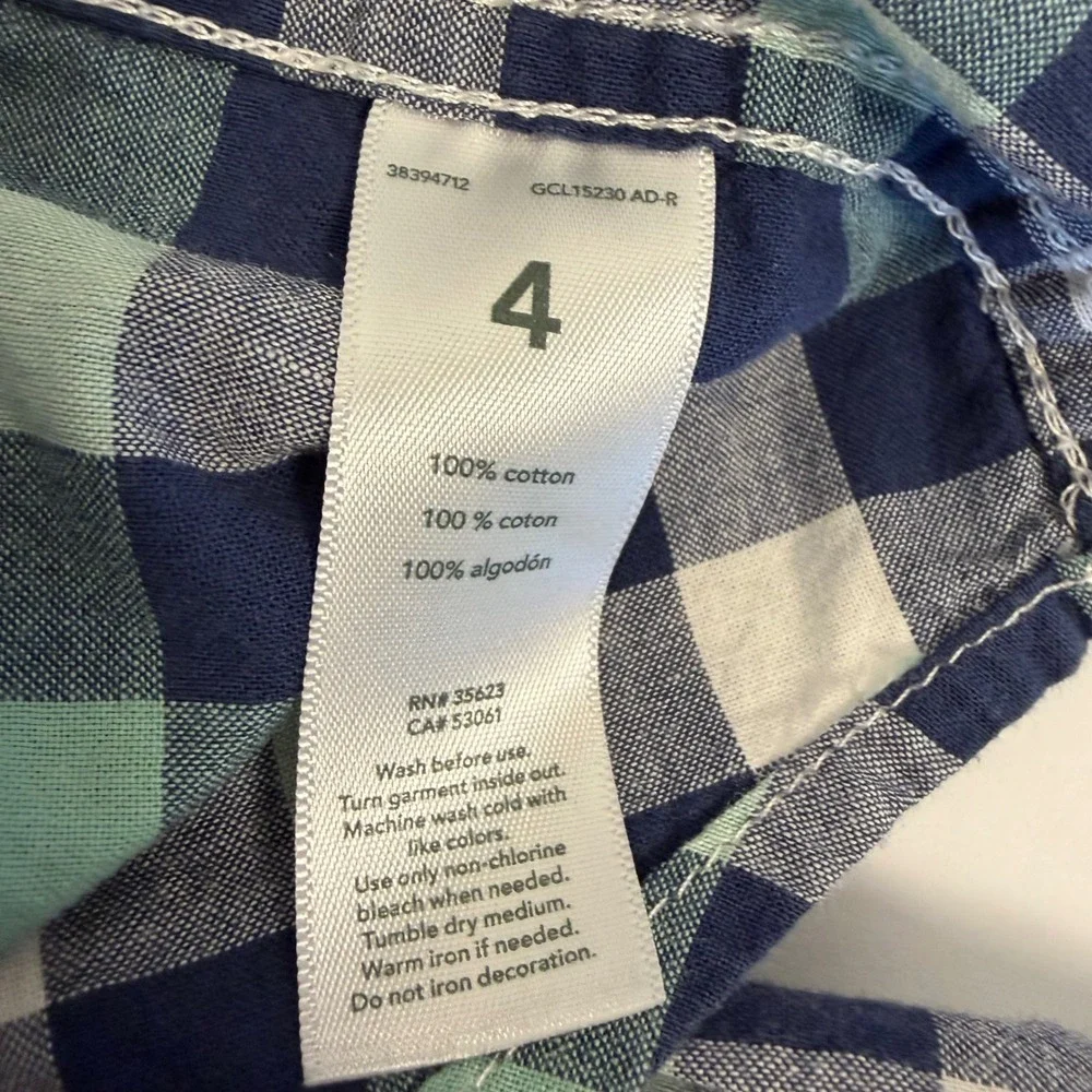 Carters Boys Navy Blue Mint Green Gingham Plaid Button Down Shirt Size 4